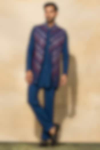 Indigo Blue Cotton & Cotton Silk Embroidered Bundi Jacket With Kurta Set by DiyaRajvvir Men