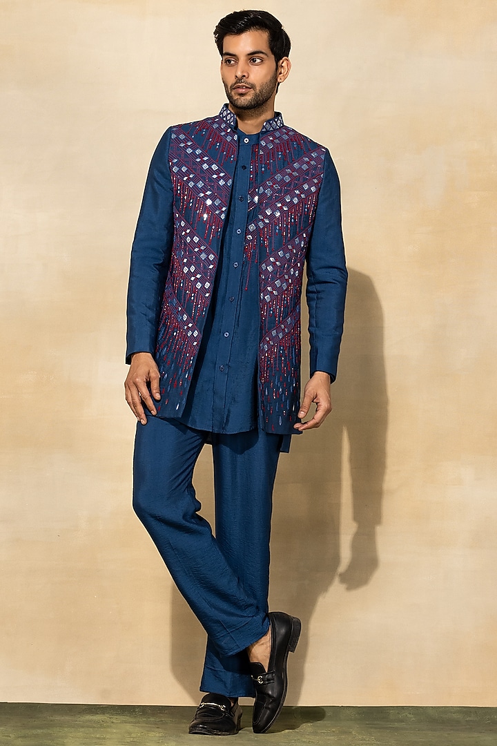 Indigo Blue Cotton & Cotton Silk Embroidered Bundi Jacket With Kurta Set by DiyaRajvvir Men