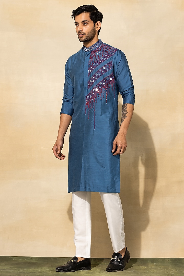 Indigo Blue Cotton Embroidered Kurta Set by DiyaRajvvir Men