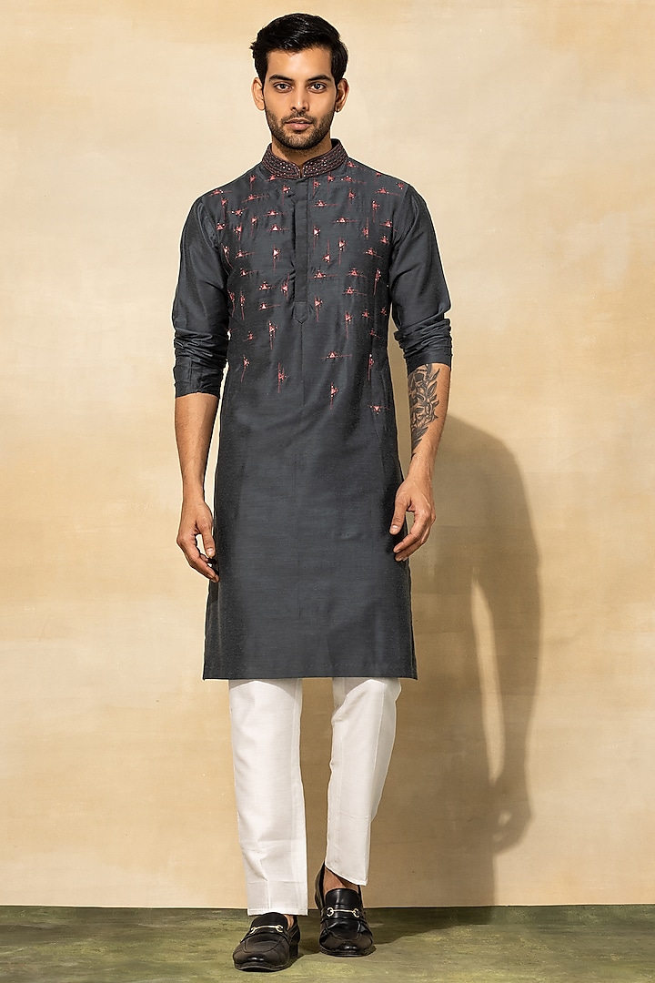 Grey Cotton Embroidered Kurta Set by DiyaRajvvir Men
