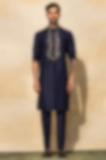 Dark Blue Cotton Embroidered Kurta Set by DiyaRajvvir Men