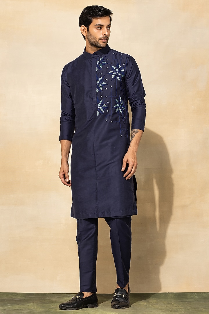 Dark Blue Cotton Embroidered Kurta Set by DiyaRajvvir Men at Pernia's Pop Up Shop
