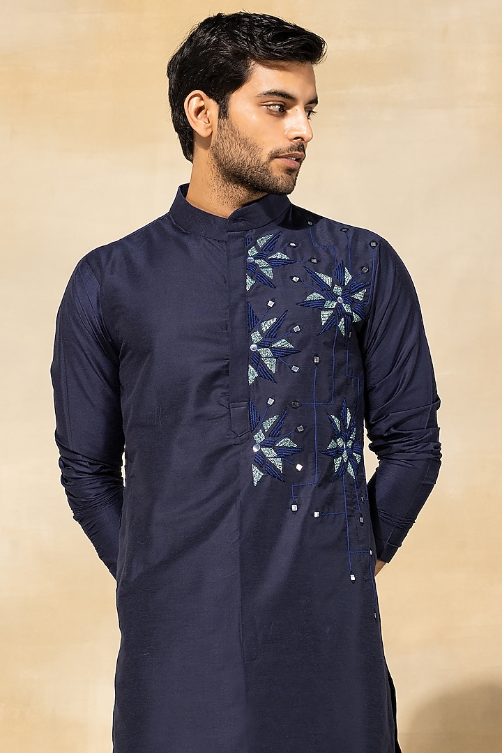 Dark Blue Cotton Embroidered Kurta Set by DiyaRajvvir Men at Pernia's Pop Up Shop