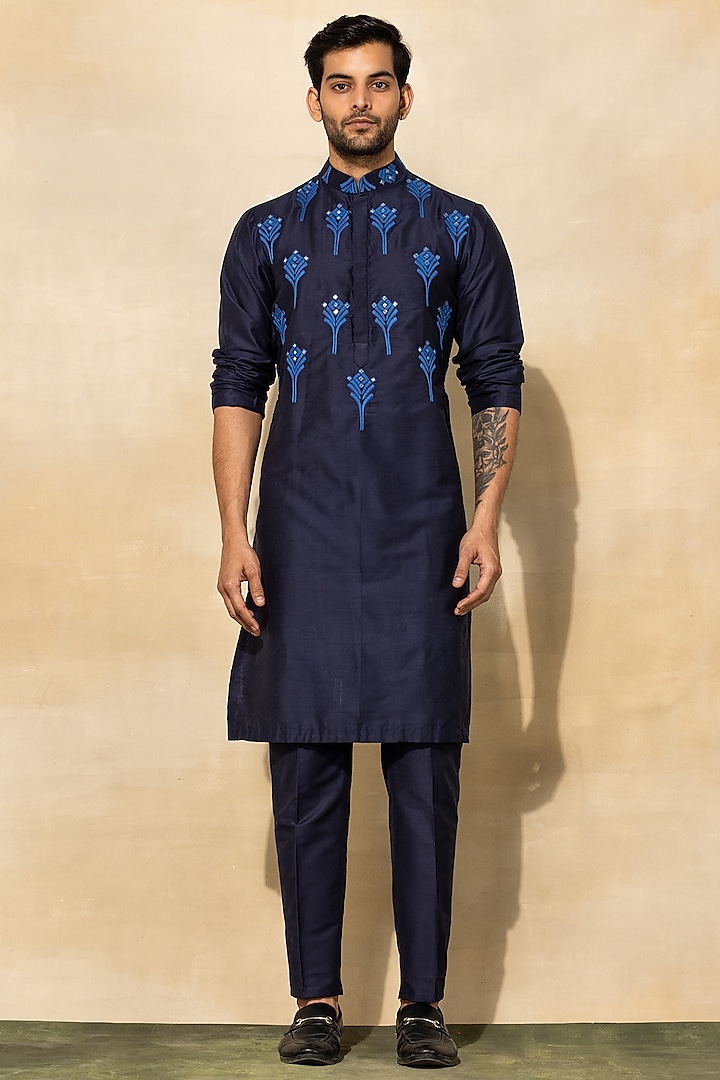 Dark Blue Cotton & Cotton Silk Embroidered Kurta Set by DiyaRajvvir Men