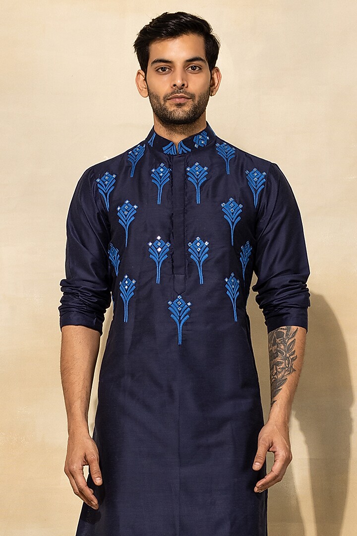 Dark Blue Cotton & Cotton Silk Embroidered Kurta Set by DiyaRajvvir Men at Pernia's Pop Up Shop