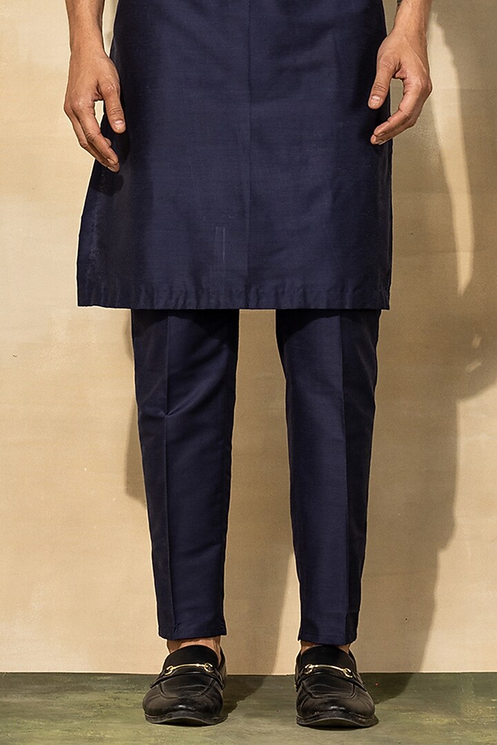 Dark Blue Cotton & Cotton Silk Embroidered Kurta Set by DiyaRajvvir Men at Pernia's Pop Up Shop