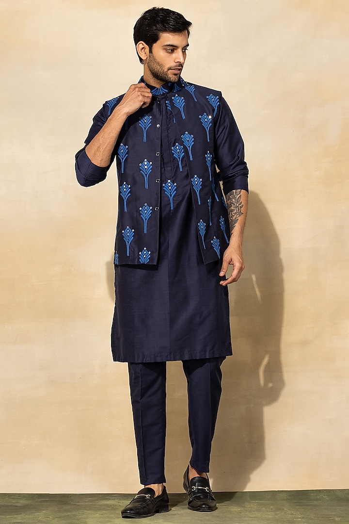 Dark Blue Cotton & Cotton Silk Embroidered Bundi Jacket With Kurta Set by DiyaRajvvir Men