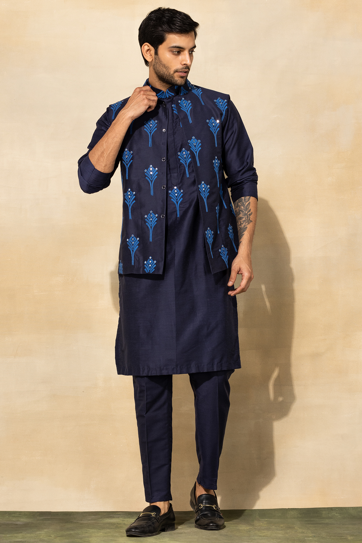 Dark Blue Cotton & Cotton Silk Thread Embroidered Bundi Jacket by DiyaRajvvir Men