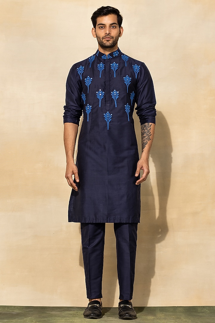 Dark Blue Cotton & Cotton Silk Thread Embroidered Bundi Jacket by DiyaRajvvir Men at Pernia's Pop Up Shop