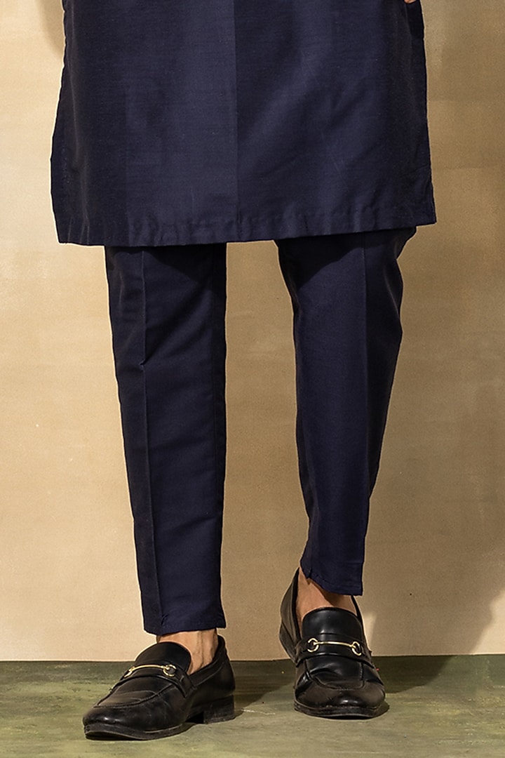 Dark Blue Cotton & Cotton Silk Thread Embroidered Bundi Jacket by DiyaRajvvir Men at Pernia's Pop Up Shop