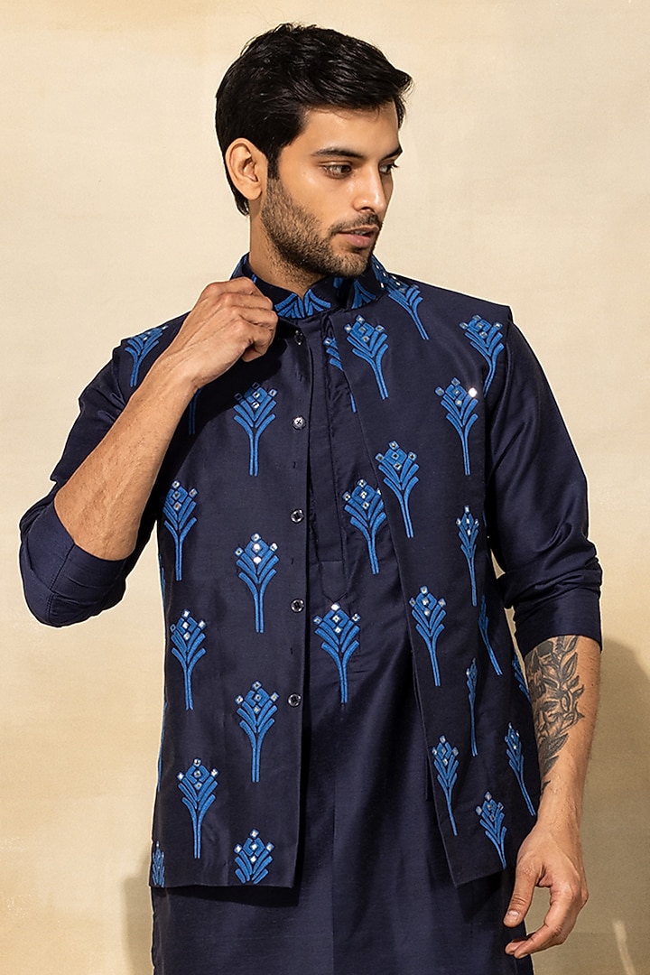 Dark Blue Cotton & Cotton Silk Thread Embroidered Bundi Jacket by DiyaRajvvir Men at Pernia's Pop Up Shop