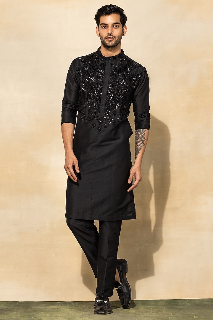 Black Cotton Embroidered Kurta Set by DiyaRajvvir Men