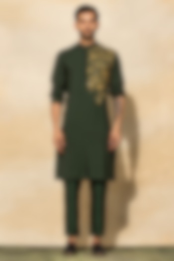 Olive Green Cotton & Cotton Silk Embroidered Kurta Set by DiyaRajvvir Men