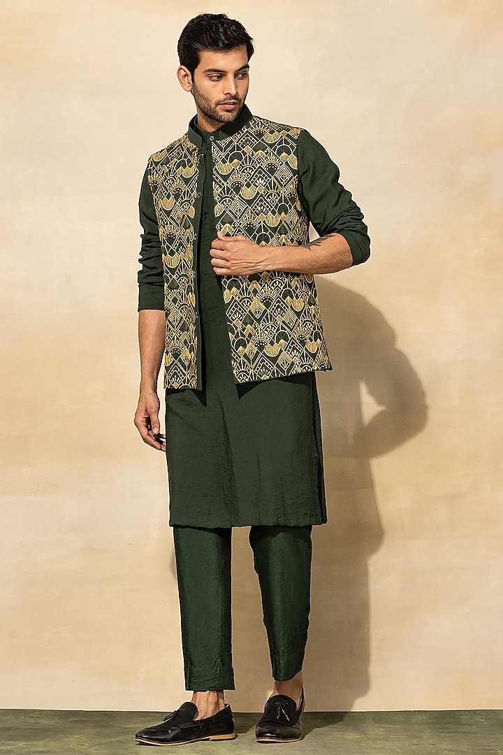 Olive Green Cotton & Cotton Silk Embroidered Bundi Jacket With Kurta Set by DiyaRajvvir Men