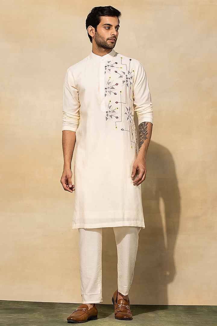 Ecru White Cotton Embroidered Kurta Set by DiyaRajvvir Men