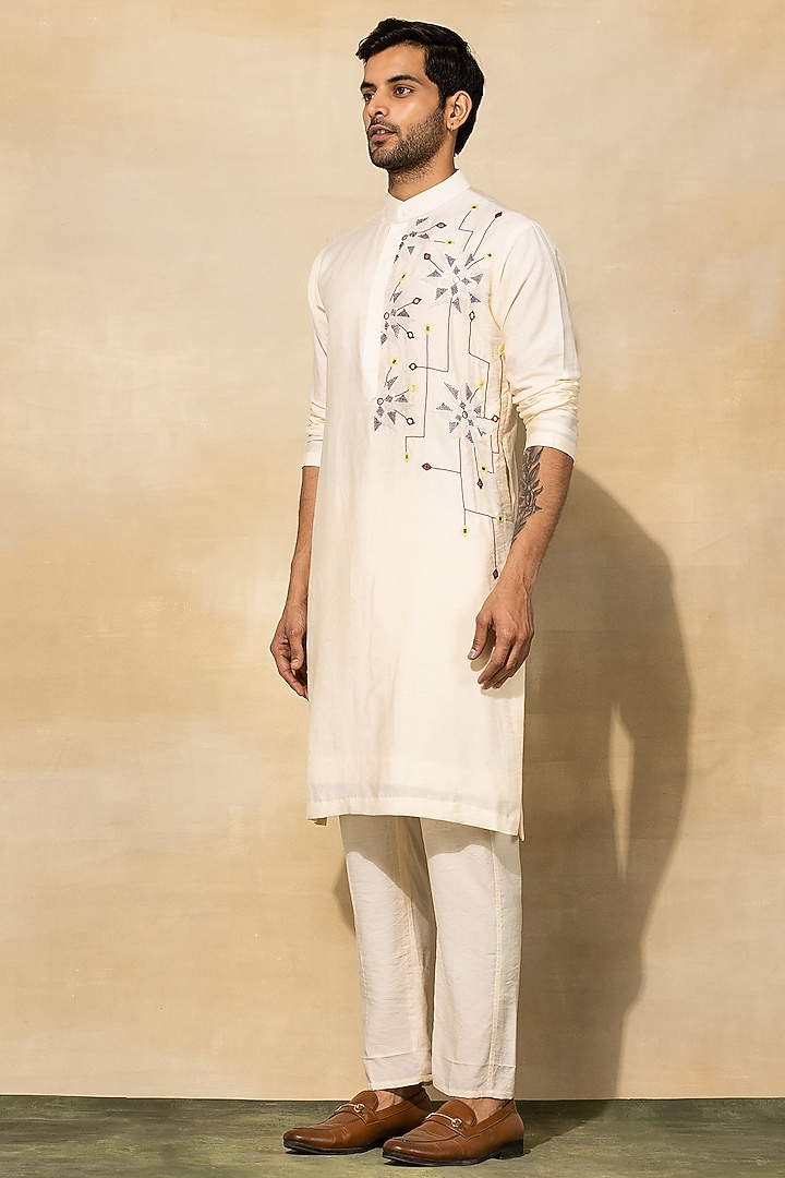 Ecru Cotton Thread Embroidered Kurta Set by DiyaRajvvir Men at Pernia's Pop Up Shop