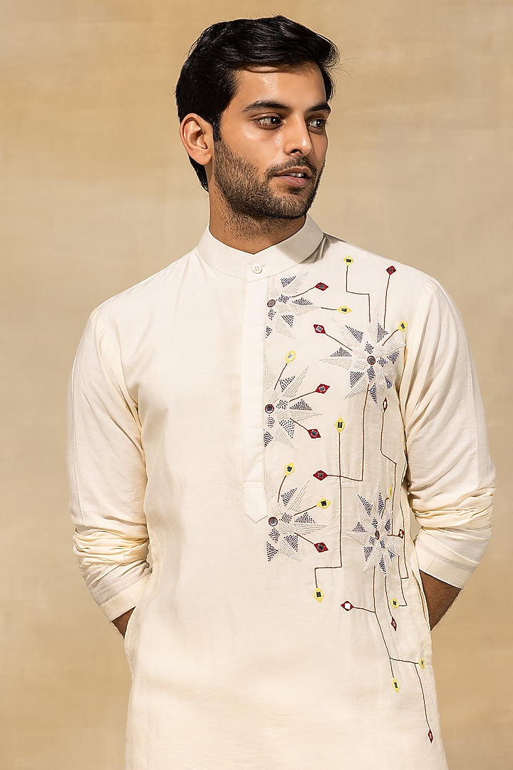 Ecru Cotton Thread Embroidered Kurta Set by DiyaRajvvir Men at Pernia's Pop Up Shop