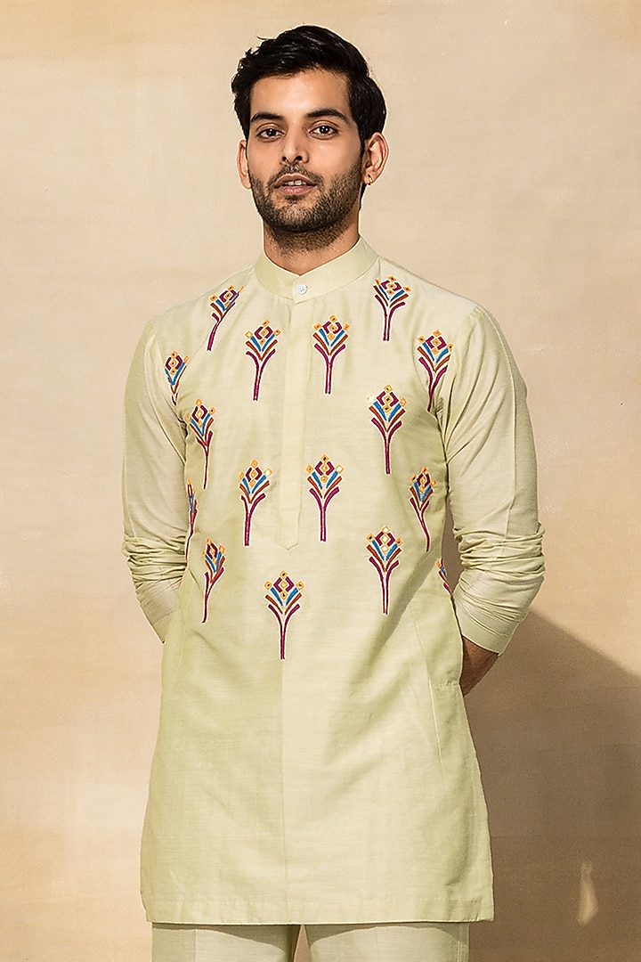 Mint Green Cotton & Cotton Silk Embroidered Kurta Set by DiyaRajvvir Men at Pernia's Pop Up Shop