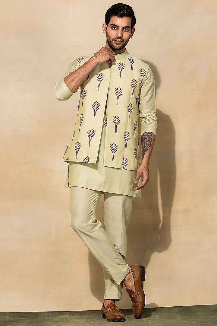 Mint Green Cotton & Cotton Silk Embroidered Bundi Jacket With Kurta Set by DiyaRajvvir Men