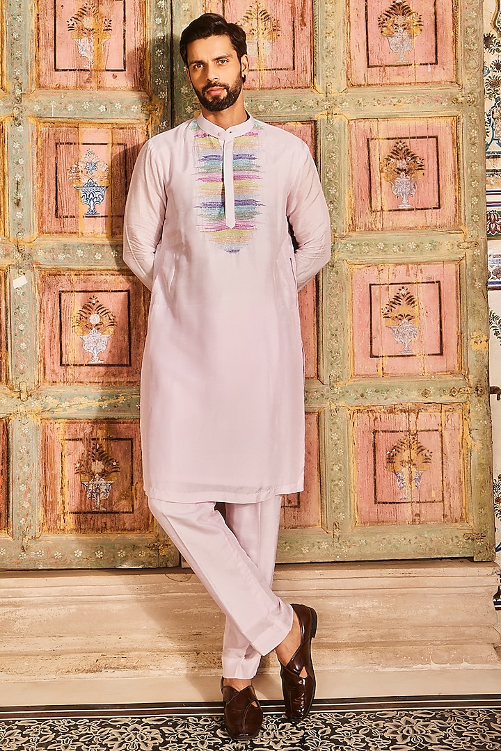 Blush Pink Dola Silk Cutdana Embroidered Kurta Set by DiyaRajvvir Men