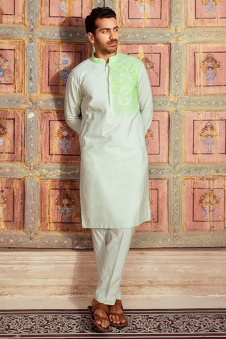 Mint Green Cotton Silk Floral Cutdana Embroidered Kurta Set by DiyaRajvvir Men