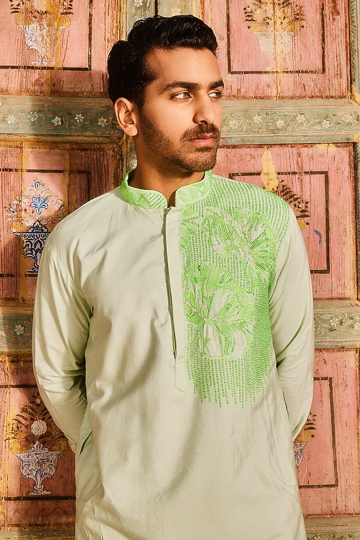 Mint Green Cotton Silk Floral Cutdana Embroidered Kurta Set by DiyaRajvvir Men at Pernia's Pop Up Shop