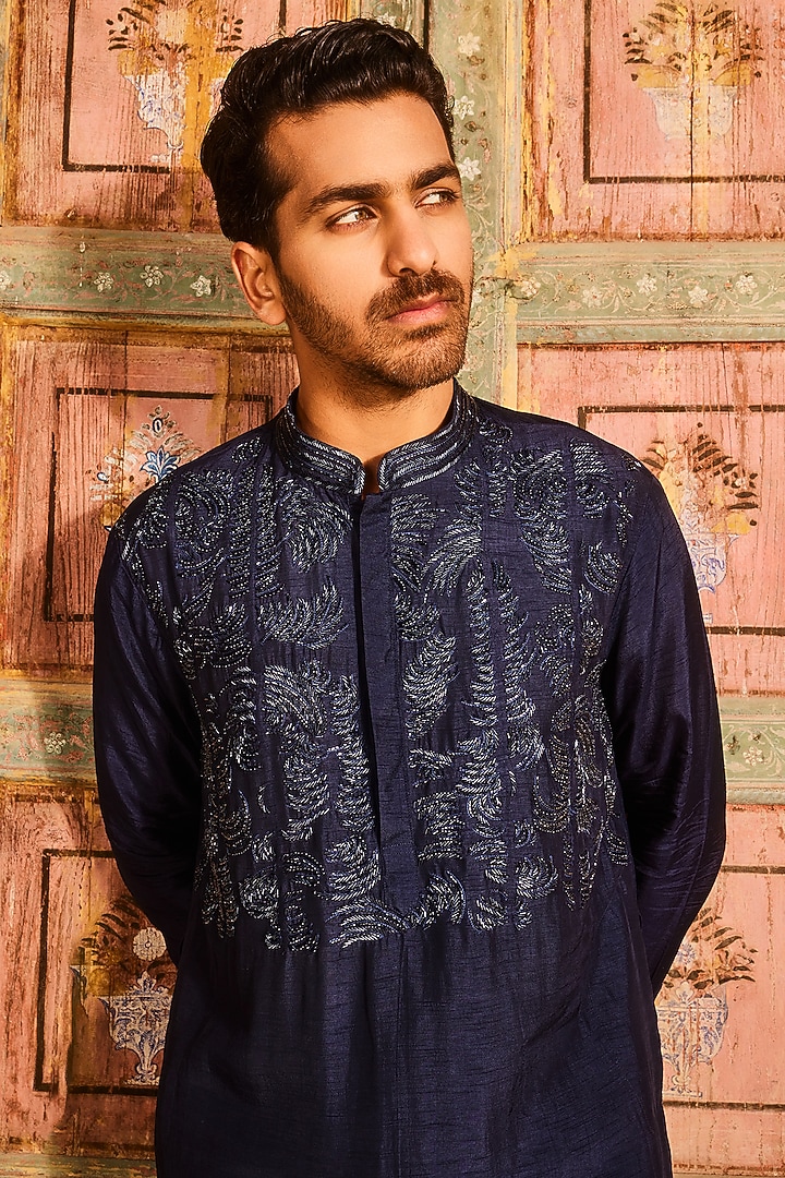 Dark Blue Dola Silk Cutdana Embroidered Kurta Set by DiyaRajvvir Men at Pernia's Pop Up Shop