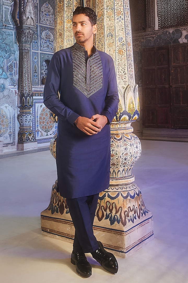Dark Blue Cotton Silk Metallic Thread Embroidered Kurta Set by DiyaRajvvir Men
