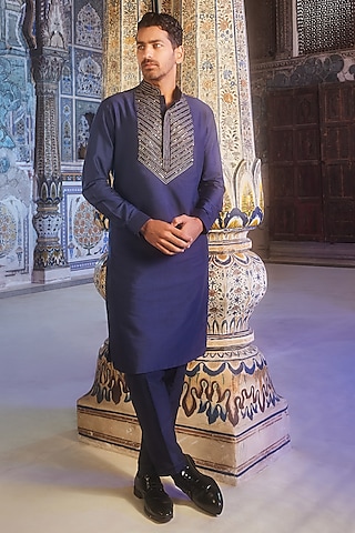 Dark Blue Cotton Silk Metallic Thread Embroidered Kurta Set by DiyaRajvvir Men