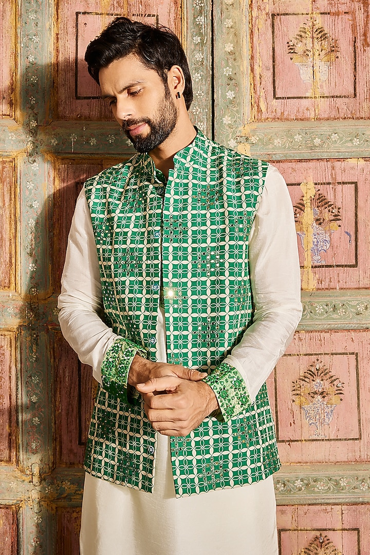 Dark Green Dola Silk Printed Bundi Jacket Set by DiyaRajvvir Men