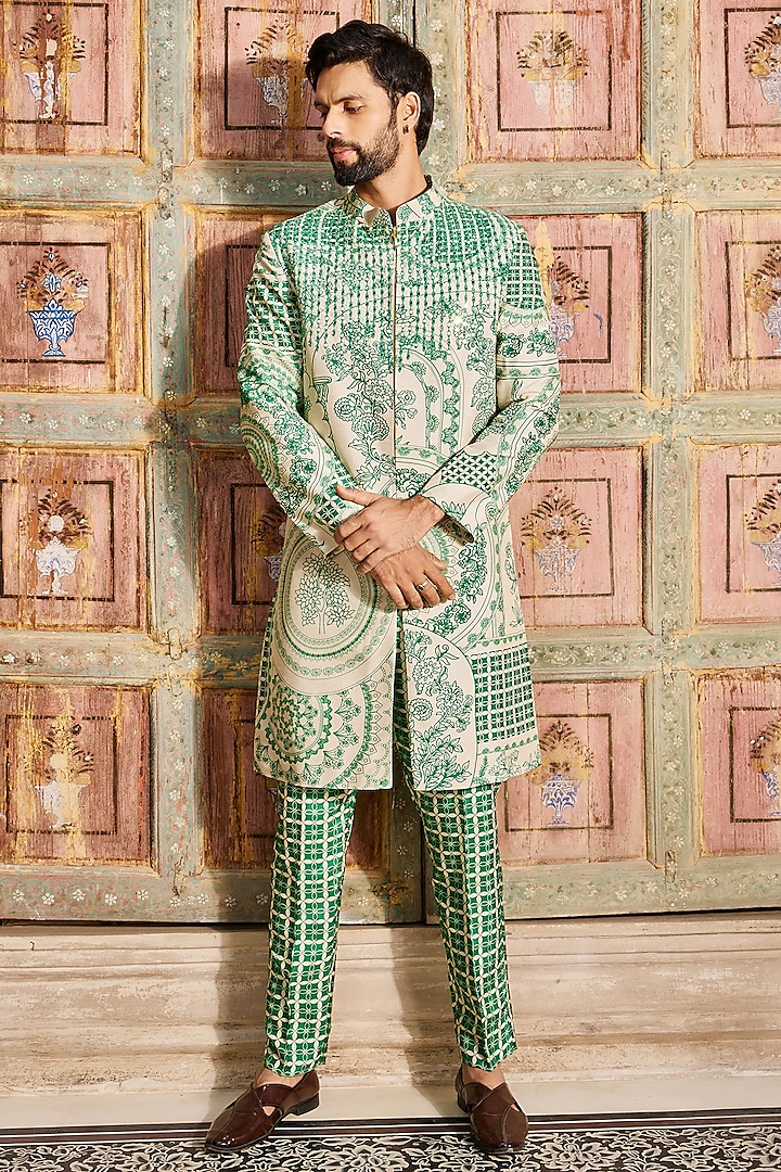 Dark Green Dola Silk Printed Indowestern Jacket Set by DiyaRajvvir Men