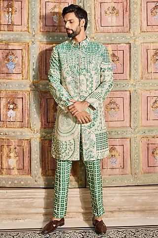 Dark Green Dola Silk Printed Indowestern Jacket Set by DiyaRajvvir Men