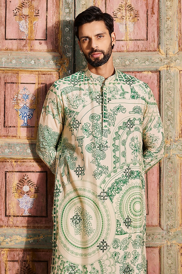 Dark Green Dola Silk Thikri Printed Kurta Set by DiyaRajvvir Men at Pernia's Pop Up Shop