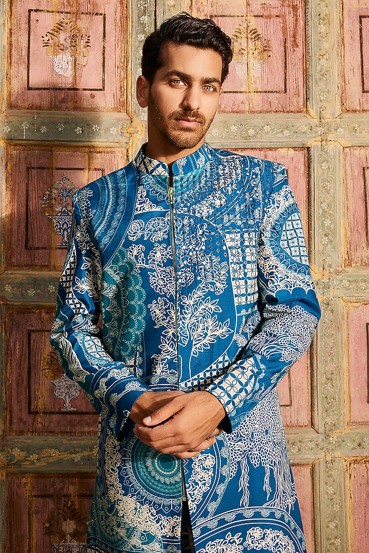 Teal Blue Dola Silk Thikri Printed Wedding Indowestern Jacket Set by DiyaRajvvir Men at Pernia's Pop Up Shop