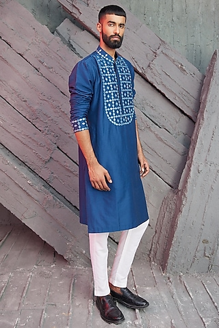 Indigo Blue Cotton Silk Embroidered Kurta by DiyaRajvvir Men