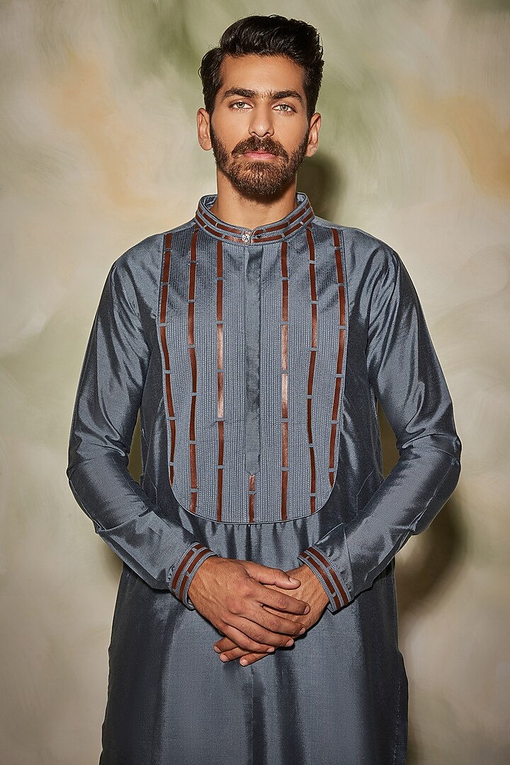Grey Cotton Silk Kurta by DiyaRajvvir Men at Pernia's Pop Up Shop