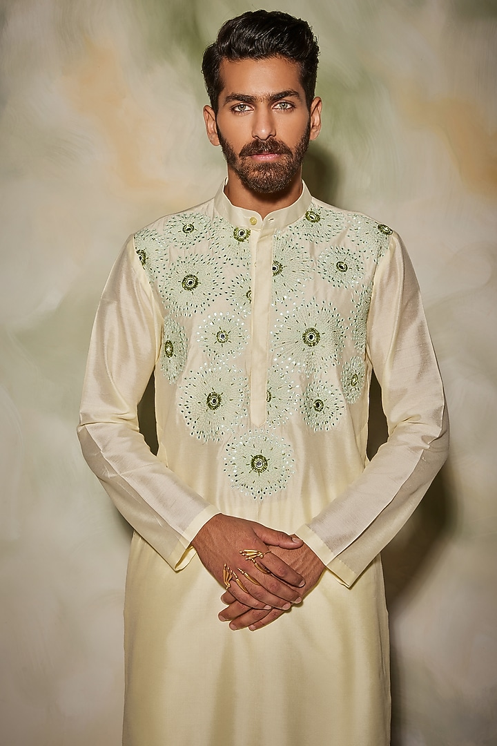 Pastel Yellow Cotton Silk Cutdana Embroidered Kurta by DiyaRajvvir Men at Pernia's Pop Up Shop