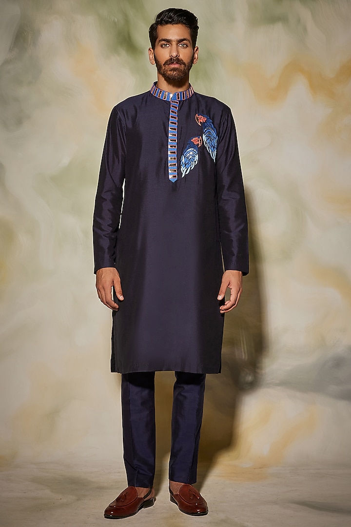 Dark Blue Embroidered Kurta by DiyaRajvvir Men