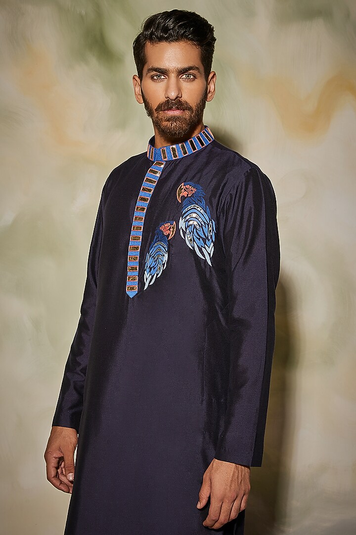 Dark Blue Cotton Silk Thread Embroidered Kurta by DiyaRajvvir Men at Pernia's Pop Up Shop