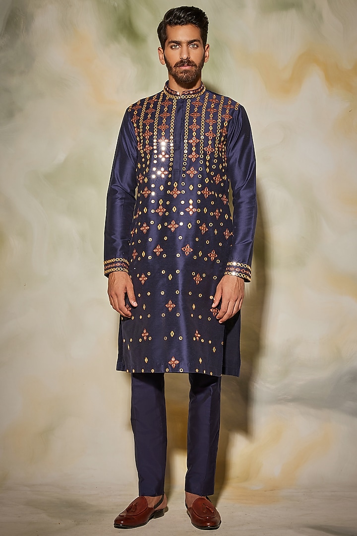 Dark Blue Thread Embroidered Kurta Set by DiyaRajvvir Men