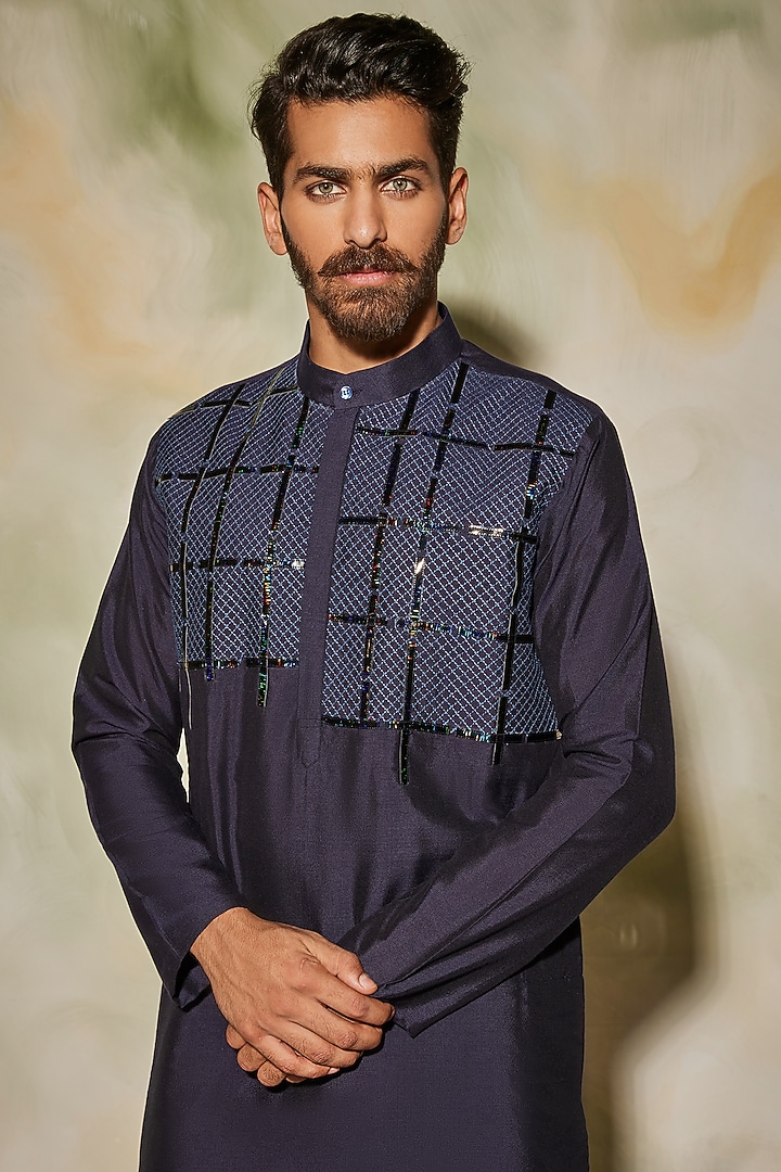 Dark Blue Cotton Silk Kurta Set by DiyaRajvvir Men at Pernia's Pop Up Shop