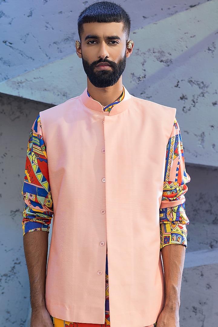 Peach Cotton Silk Bundi Jacket Set by DiyaRajvvir Men at Pernia's Pop Up Shop