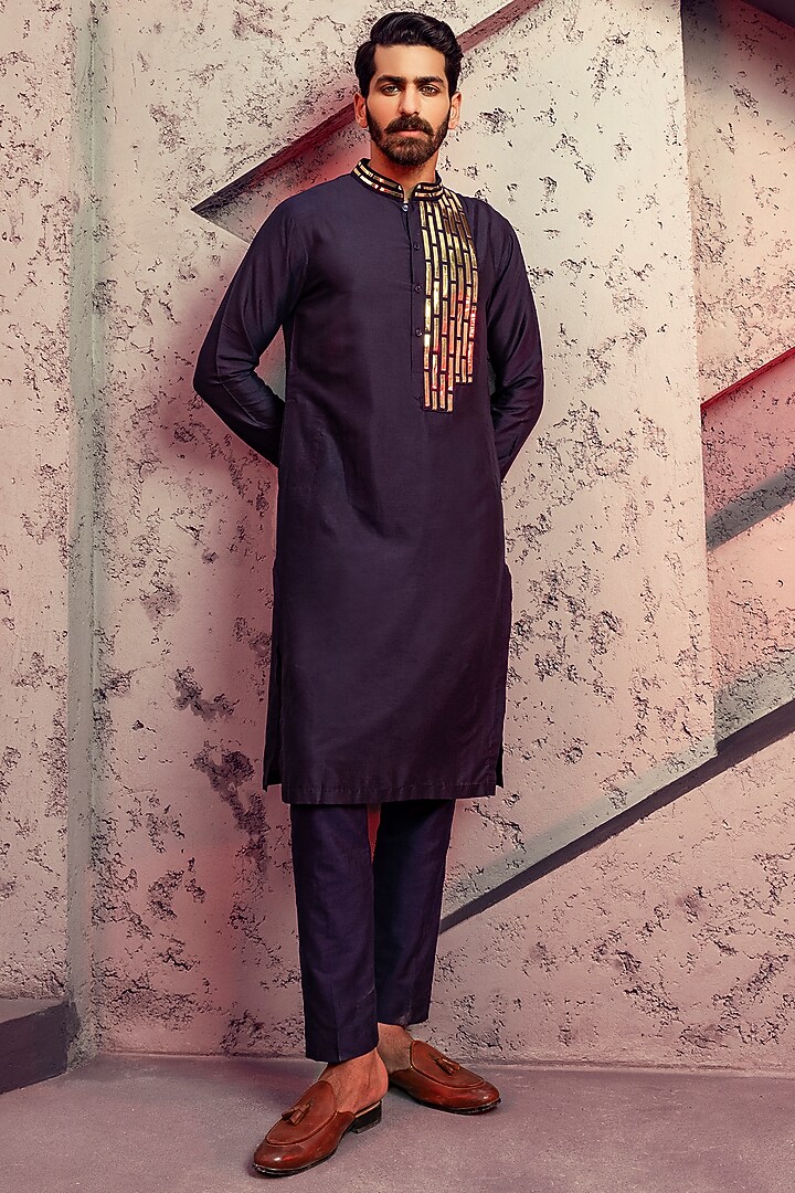 Dark Blue Cotton Silk Kurta Set by DiyaRajvvir Men at Pernia's Pop Up Shop