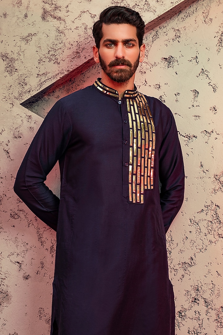Dark Blue Cotton Silk Kurta Set by DiyaRajvvir Men at Pernia's Pop Up Shop