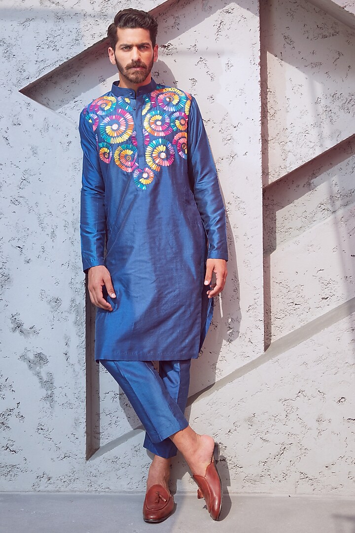 Indigo Blue Cotton Silk Embroidered Kurta by DiyaRajvvir Men at Pernia's Pop Up Shop