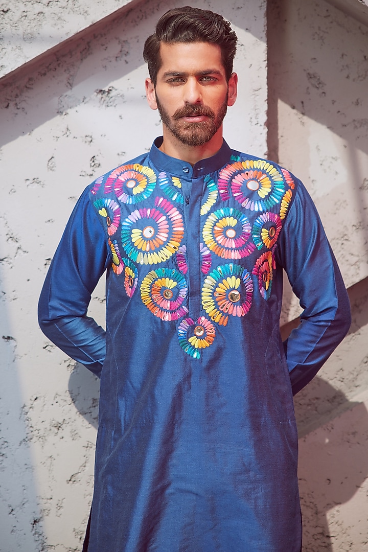 Indigo Blue Cotton Silk Embroidered Kurta by DiyaRajvvir Men at Pernia's Pop Up Shop