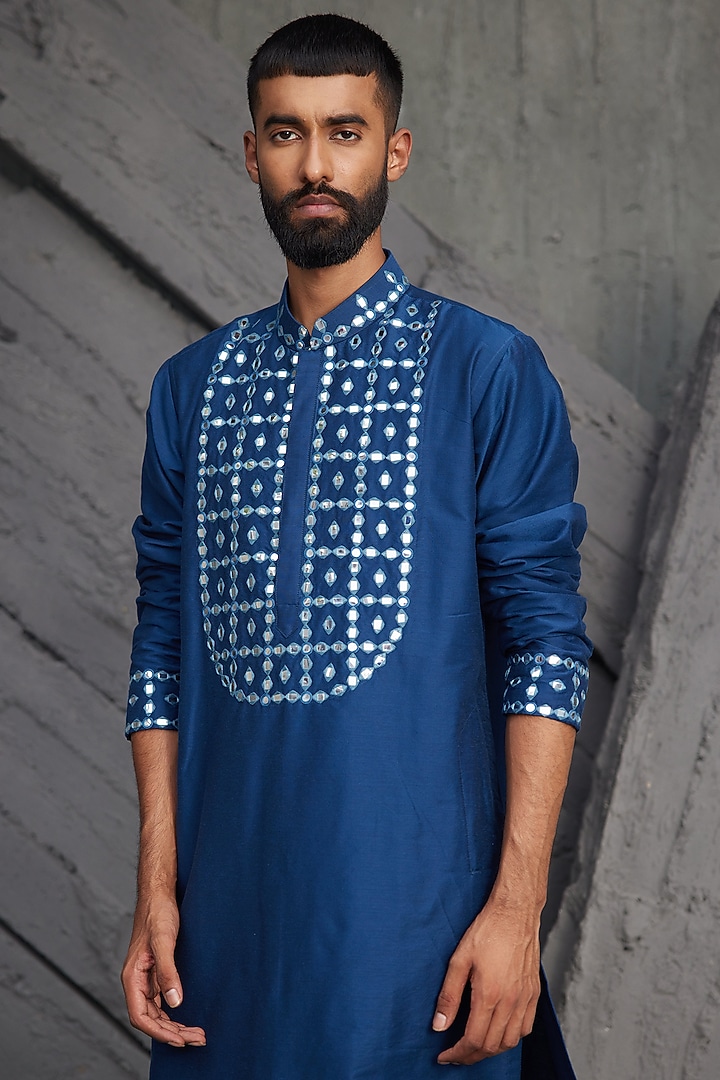 Indigo Blue Cotton Silk Embroidered Kurta Set by DiyaRajvvir Men at Pernia's Pop Up Shop