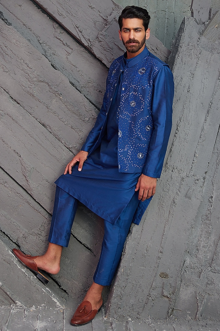 Indigo Blue Embroidered Nehru Jacket Set by DiyaRajvvir Men