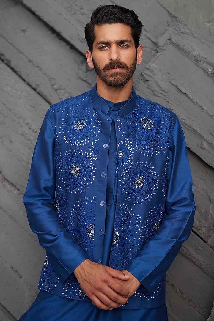 Indigo Blue Cotton Silk Embroidered Nehru Jacket Set by DiyaRajvvir Men at Pernia's Pop Up Shop