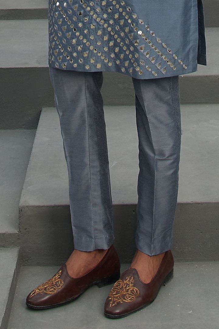 Grey Cotton Silk Thread Embroidered Nehru Jacket Set by DiyaRajvvir Men at Pernia's Pop Up Shop